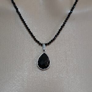 Black spinel bead necklace with pear shaped checkerboard drop NWT